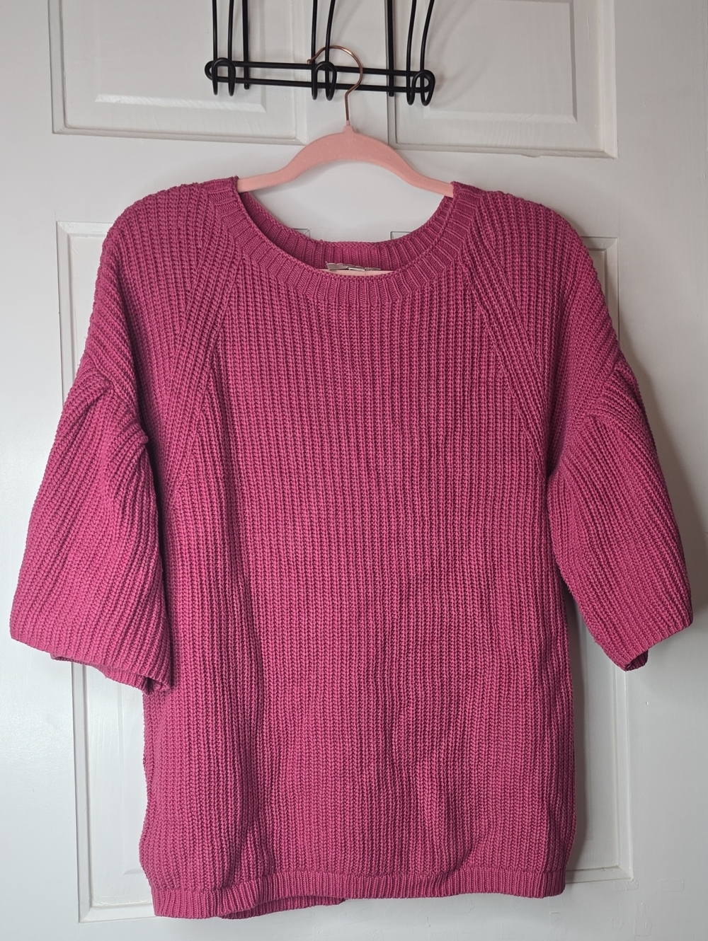 LOFT Raspberry Pink Short-Sleeve Crewneck Knit Sweater